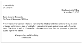 King Charles XIV John of Sweden Letter Signed as General During the Napoleonic Wars -- In 1797, He Writes French General Baraguey d'Hilliers That He Can't Afford to Give His Soldiers New Uniforms